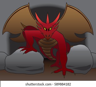 A fierce looking dragon is emerging from it's cave