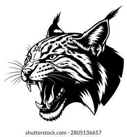 Fierce lynx head illustration featuring sharp teeth and intense eyes rendered in a bold black and white vector art style