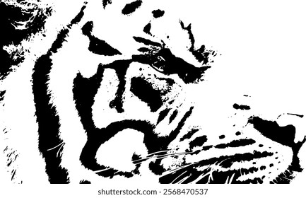 The fierce and majestic nature of a tiger through a striking black and white minimalist style, high-contrast illustration captures 