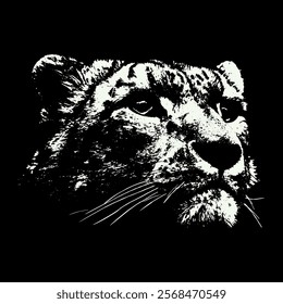 Fierce and majestic nature of a tiger's face with striking contrast,  captivating black and white illustration