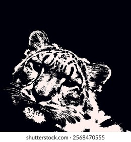 Fierce and majestic nature of a tiger's face with striking contrast,  captivating black and white illustration