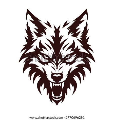 Fierce maroon wolf head with bared teeth, sharp fangs, and intense eyes animal face