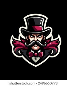 fierce mascot logo, top hat and mustache emblem, coffee baron design, vector illustrations of a distinguished mascot, e-sport team badge, sophisticated mascot graphics, logo with cartola and mustache,