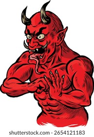 A fierce, muscular red demon with horns and tusks poses in a fighting stance. This traditional Japanese-style yokai illustration combines strength and menace, perfect for mythology, fantasy, or tattoo
