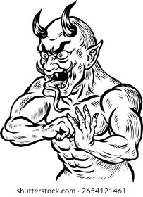A fierce, muscular red demon with horns and tusks poses in a fighting stance. This traditional Japanese-style yokai illustration combines strength and menace, perfect for mythology, fantasy, or tattoo