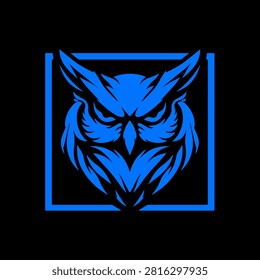 Fierce Owl Head Logo Vector Icon Framed in Square Border on Black Background, Aggressive Night Bird Mascot Emblem in Blue for Esports Gaming Team, Sports Club, and Wildlife Brand Identity Design