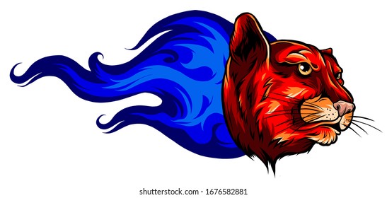 fierce panther head among fire flames blazing leopard vector profile design