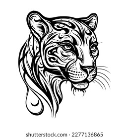 A fierce panther head in tribal tattoo style, depicted in black and white line art Hand drawn illustration