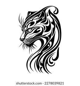 A fierce panther head in tribal tattoo style, depicted in black and white line art Hand drawn illustration