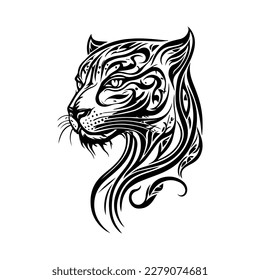 A fierce panther head in tribal tattoo style, depicted in black and white line art Hand drawn illustration