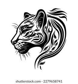 A fierce panther head in tribal tattoo style, depicted in black and white line art Hand drawn illustration