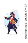 A fierce pirate captain with a treasure chest and a determined stare pointing forward.
