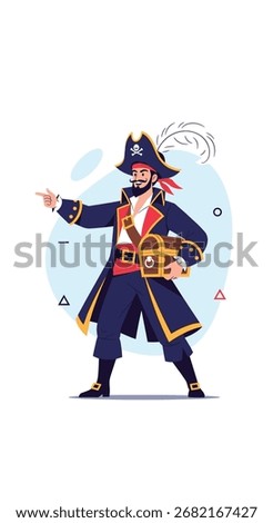 A fierce pirate captain with a treasure chest and a determined stare pointing forward.