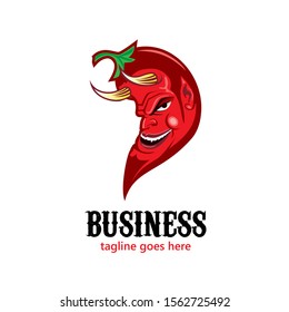 A fierce and playful mascot logo featuring a red chili pepper transformed into a devil's face. The design includes sharp yellow horns, an aggressive expression with a sinister grin, and a green stem, perfectly capturing a "spicy hot" personality. This professional vector illustration is ideal for hot sauce brands, spicy food restaurants, Mexican grill houses, snack packaging, and bold culinary competitions.
