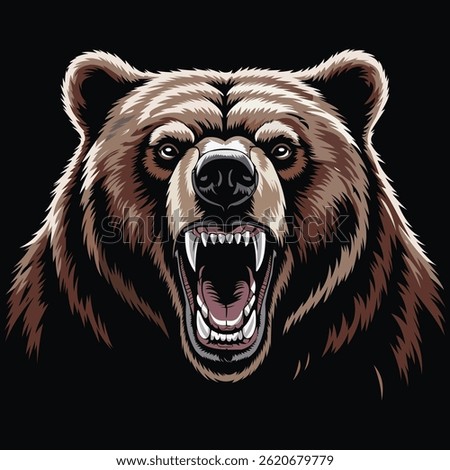 A fierce and powerful grizzly bear head, roaring with teeth bared. The illustration features a detailed stylized design with strong contrasts and a dynamic expression conveying strength and aggress
