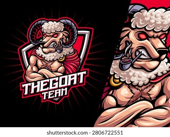 Fierce Ram Warrior Mascot Holding Lightning Spear and Shield Esports Logo Style Vector. Zeus for Streaming GamingLogo