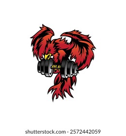 A fierce red bird lifting a heavy barbell with its claws, symbolizing strength and power.