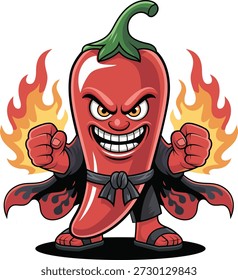 Wild roter Chilischoten-Charakter mit flammendem Hintergrund und aggressiver Pose, ideal für Food-Branding, würzige Produktverpackungen, Logo-Konzepte, Poster, T-Shirt-Prints, Restaurant-Marketing, Social-Media-Anzeigen und kühne Werbegrafiken.