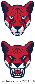 Logotipo de la cabeza del puma rojo feroz, potente mascota del gato salvaje, emblema deportivo del león de montaña intenso, ilustración agresiva del depredador de Puma, diseño de marca del equipo atlético, gráficas audaces de la mascota de la vida silvestre, material de diseño, recurso gráfico, imagen cruda, Imagen editable 