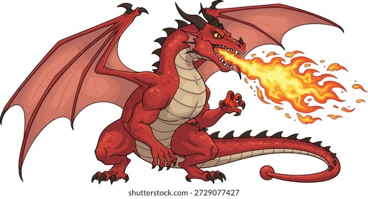 Fierce red dragon breathing fire vector illustration, fantasy mythical creature design for games, books, animation, medieval themes, or magical concept art.