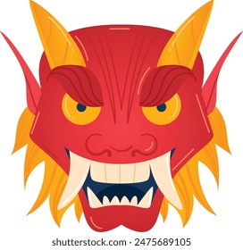 Fierce red dragon face illustration colorful wings glaring yellow eyes large fangs menacing teeth isolated white background. Mask mythical creature bright horns fiery background vibrant graphic