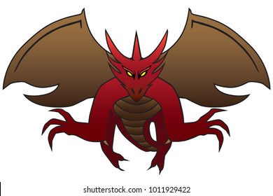 A fierce red dragon with yellow eyes is flying toward the viewer