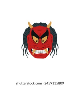 A fierce red Kabuki mask with glaring eyes, sharp fangs, and dark tresses, a staple of traditional Japanese theatre.