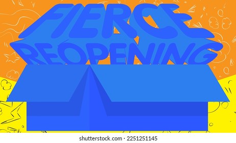 Fierce Reopening word with cardboard box. Vector cartoon folded card box illustration.