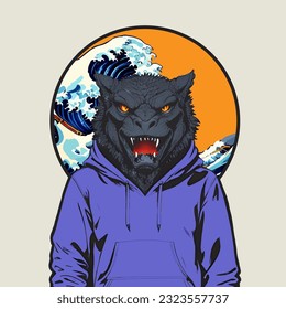 Fierce Reptile Monster Wearing Hoodie with Japanese Wave of Kanagawa Background