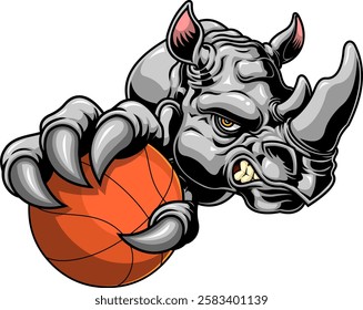 Fierce Rhino Holding Basketball Sports Mascot Logo Design. Vector Hand Drawn Illustration Isolated On Transparent Background