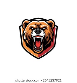 Fierce Roaring Bear Head with Red and Brown Elements - Vector Illustration