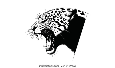 A Fierce Roaring Leopard Head in Black and White Animalistic Graphic Illustration