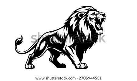Fierce roaring lion in a bold black and white graphic style. The animal is depicted with an open mouth, sharp teeth, and a majestic mane, perfect for a logo or mascot.