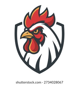 Fierce rooster head emblem with red comb and white feathers on dark shield chicken bird