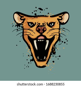 Fierce saber tooth tiger front view. Prehistoric animal illustration with distress effect. Big cat vector isolated