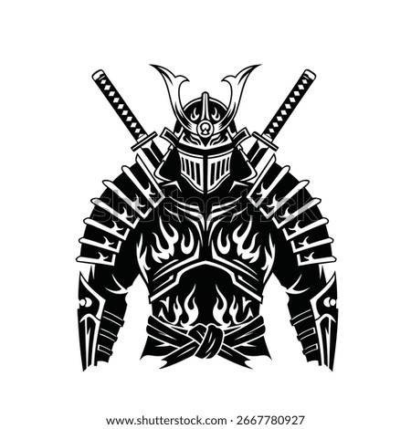 A fierce samurai warrior is depicted in highly detailed black and white armor. With two katanas on his back, this powerful Japanese fighter embodies the spirit of Bushido. Vector Illustration