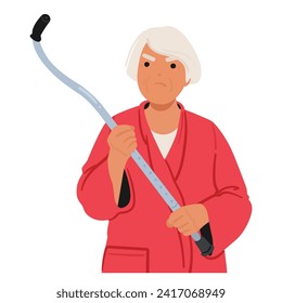 Fierce Senior Woman, Wielding Her Cane Like A Determined Warrior, Eyes Ablaze With Indignation, Demands Respect And Confronts Challenges With Unwavering Strength And Tenacity. Vector Illustration