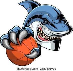 Fierce Shark Clawing Basketball Sports Mascot Logo Design. Vector Hand Drawn Illustration Isolated On Transparent Background