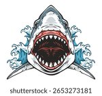 A fierce shark emerges from vibrant blue ocean waves showcasing its wide-open mouth filled with sharp teeth. The dynamic design captures the raw power and beauty of marine life.