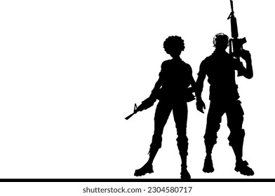 Fierce Silhouette Warriors Vector Art of a Gallant Soldier and Bold Young Woman,