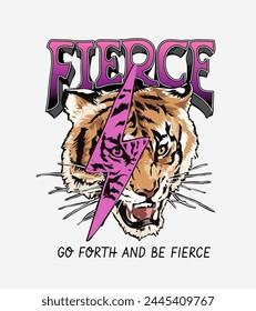 fierce slogan with tiger and thunder graphic hand drawn vector illustration