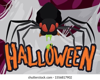 Fierce spider spitting venom oozing  through its fangs and holding a sign over its web during Halloween celebration.