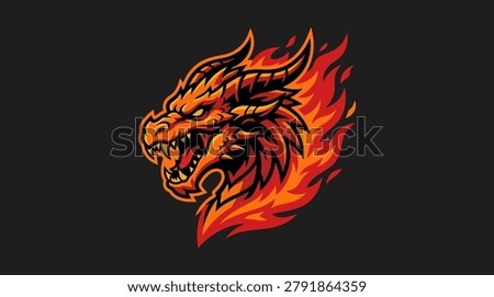 Fierce stylized dragon head with blazing flames and sharp features on dark background