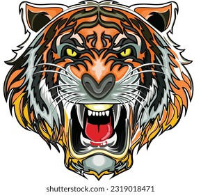 A fierce, stylized tiger head illustration featuring bold colors and an expressive snarl, emphasizing strength and power.
