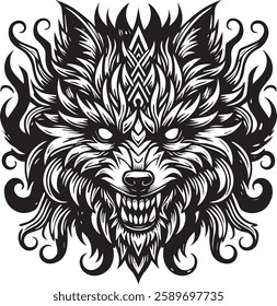 Fierce Symmetrical Wolf Line Art Illustration