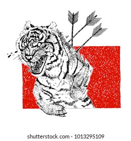 Fierce and tears. Hand drawn aggressive tiger with arrows and tears. Tattoo theme. Vector sketch illustration.