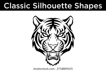 Rosto de tigre feroz em uma silhueta preta e branca clássica, ideal para logotipos, mascotes ou arte tribal.
