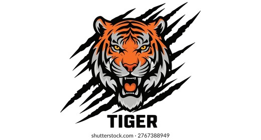 Fierce tiger face with claws, intense expression, striking black and orange colors