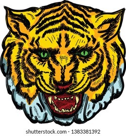 A fierce tiger head with big fangs. Hand drawn vector illustration. 