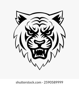 Fierce tiger head illustration with bold lines and intense expression, perfect for sports team logos, apparel designs, and tattoo art. Tiger head vector.